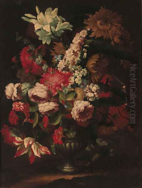 Irises, sunflowers, roses, carnations, morning glory, tulips and other flowers in an urn Oil Painting by Karel Van Vogelaer, Called Distelbloom