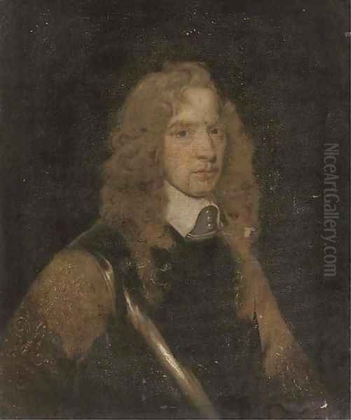 Portrait of a gentleman, bust-length, wearing a breast plate by William Dobson