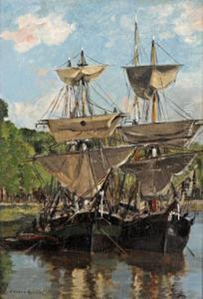 Voiliers Au Port Oil Painting by Gaston-Marie-Anatole Roullet