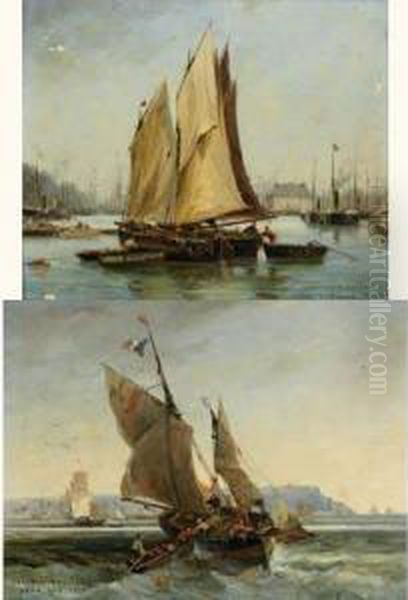 Bateaux Devant Honfleur Oil Painting by Gaston-Marie-Anatole Roullet