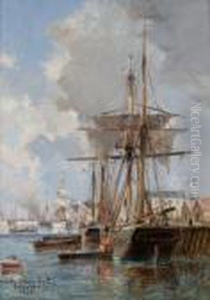 Voilier Dans Le Port De Fecamp Oil Painting by Gaston-Marie-Anatole Roullet