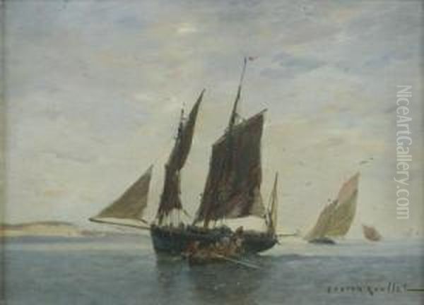 Bateaux Devant Une Cote Rocheuse Oil Painting by Gaston-Marie-Anatole Roullet