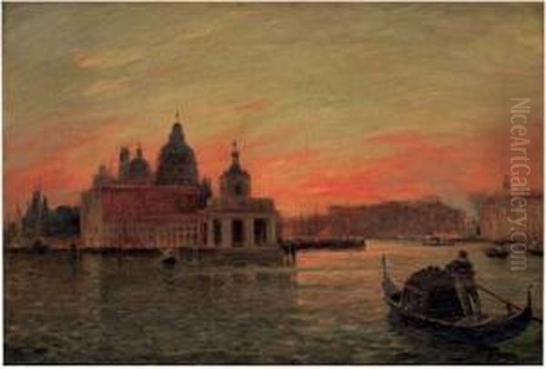 Vue De La Salute Au Soleil Couchant Oil Painting by Gaston-Marie-Anatole Roullet