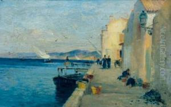 Sur La Jetee Oil Painting by Gaston-Marie-Anatole Roullet