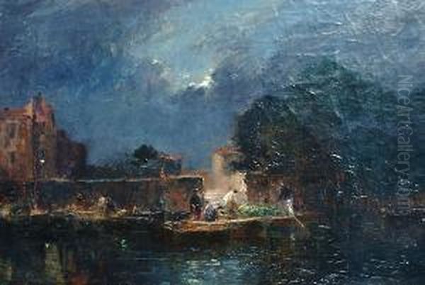 Mooring Boats At Night Oil Painting by Gaston-Marie-Anatole Roullet