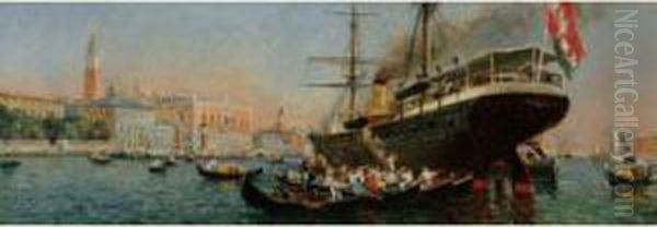 L' Arrivee Du Paquebot Dans La Lagune Et Le Debarquement Des Passagers A Venise Oil Painting by Gaston-Marie-Anatole Roullet