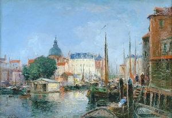 Barges On A Dutch Canal Oil Painting by Gaston-Marie-Anatole Roullet