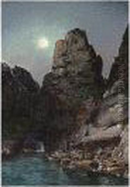 Boats In The Bay Of Ho Lang, Tonkin, By Moonlight Oil Painting by Gaston-Marie-Anatole Roullet