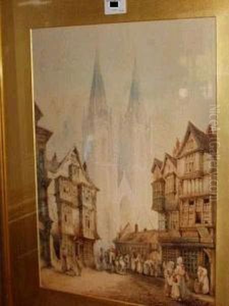 A View Of St Lo Cathedral And A Tournai Street Scene Oil Painting by Charles Rousse