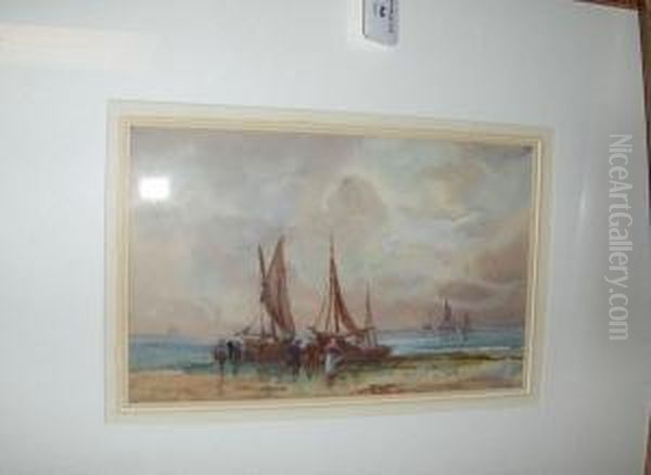 Beached Fishing Vessels; Bringing Ashore The Catch, Signed, A Pair Of Watercolours Oil Painting by Frank Rousse