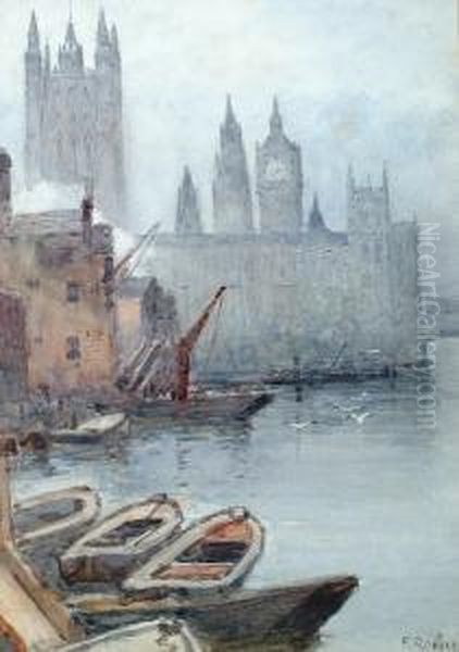 View Along The River To The Houses Of Parliament Oil Painting by Frank Rousse