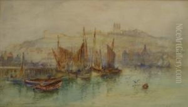 Fishing Boats Moored At Dock End Whitby Oil Painting by Frank Rousse