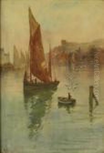 Fishing Boat And Gulls In Whitby Harbour Oil Painting by Frank Rousse