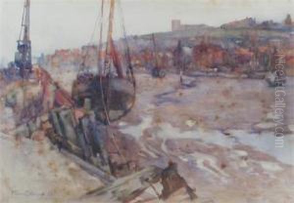 A Small Harbour At Low Tide Oil Painting by Frank Rousse