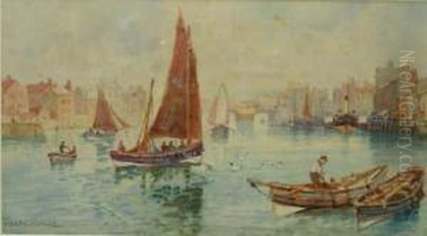 Fishing Boats In Whitby Harbour Oil Painting by Frank Rousse