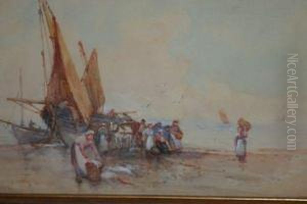 Fish Gatherers At Shore Oil Painting by Frank Rousse