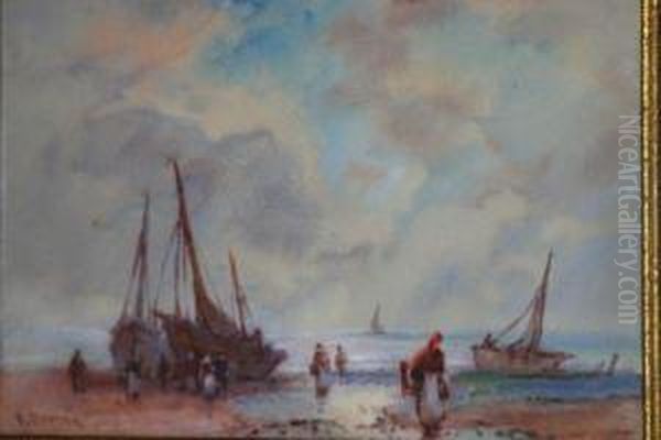 Ships And Figures At Shore Oil Painting by Frank Rousse