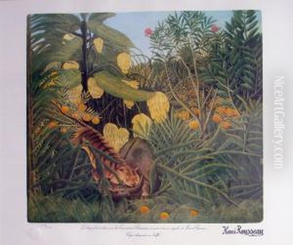 Tigre Attaquant Un Buffle Oil Painting by Henri Julien Rousseau