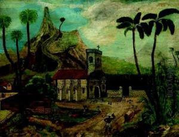 Paysage Exotique Avec Eglise (la Recolte Du Coton), Circa
 1880 Oil Painting by Henri Julien Rousseau