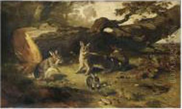 Famille De Lapins Dans Un Sous Bois Oil Painting by Philippe Rousseau