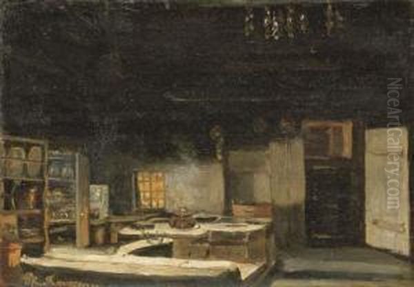 A Kitchen Interior Oil Painting by Philippe Rousseau