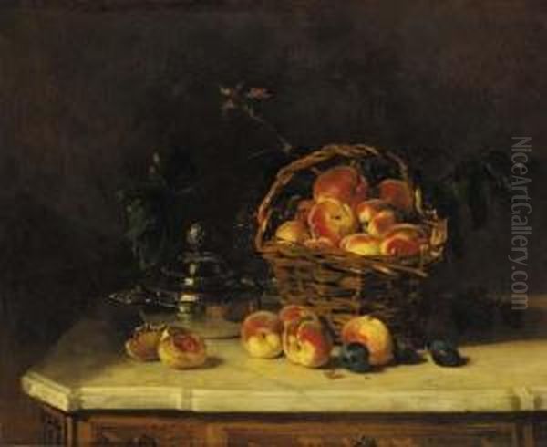 Peaches In A Wicker Basket On A Marble Topped Commode Oil Painting by Philippe Rousseau