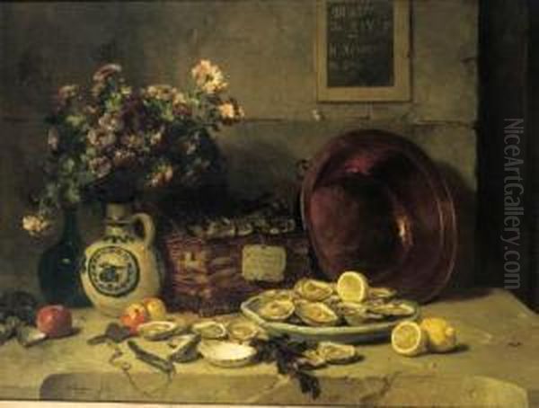 A Still Life With Oysters, Lemmons And Chrysantemums In Avase Oil Painting by Philippe Rousseau