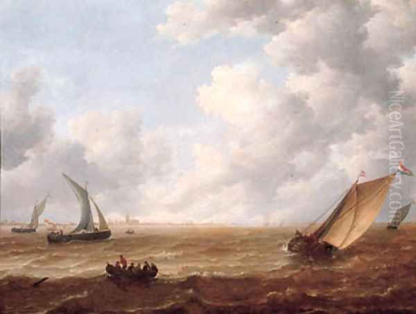 A wijdschip tacking offshore in a stiff breeze with a smalschip and sailors in a rowing boat nearby, on a cloudy day Oil Painting by Hieronymus Van Diest