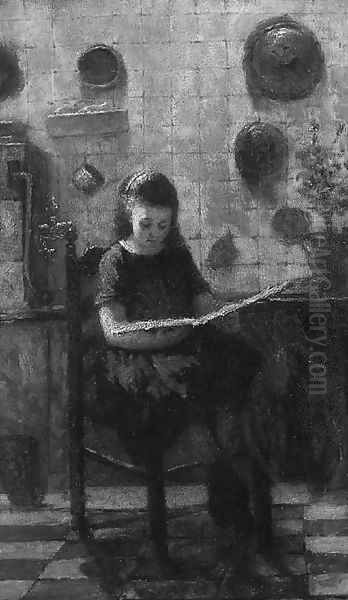 A young girl reading in a kitchen Oil Painting by Ludovians Johannes Van Erven Dorens