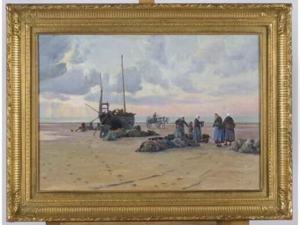 Le Ramendage Des Filets, Plage De Berck Oil Painting by Charles Emmanuel Roussel