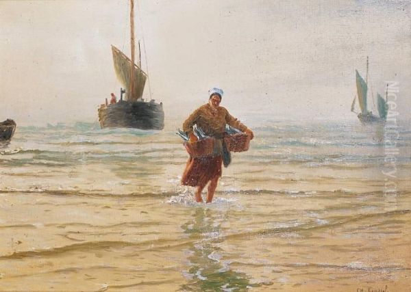 Retour De Peche, Femme Rapportant Les Paniers De Poissons Oil Painting by Charles Emmanuel Roussel