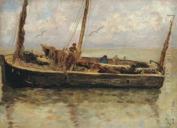 A Fishing Boat At Sea Oil Painting by Charles Emmanuel Roussel