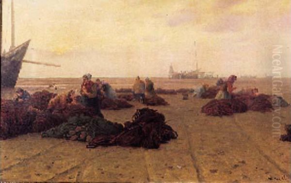 La Priere Des Pecheurs Sur La Plage Oil Painting by Charles Emmanuel Roussel