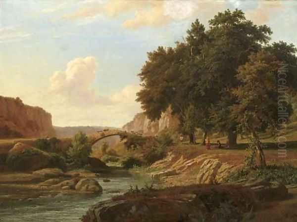 A shepherd and cattle crossing a bridge in an Italianate landscape Oil Painting by Pierre Louis Dubourcq