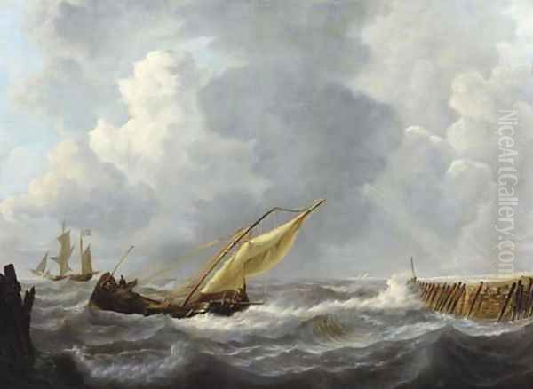 Sailing vessels by a harbour entrance Oil Painting by Pieter Arnout Dijxhoorn