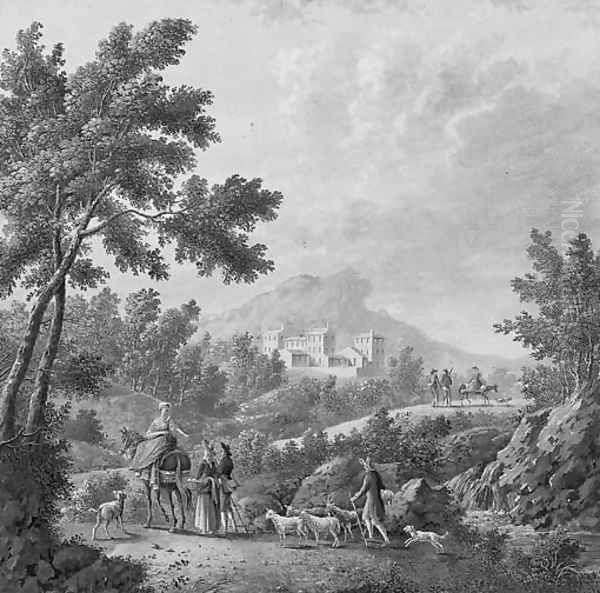 Peasants and herdsmen in an Italianate landscape Oil Painting by Zacharie-Felix Doumet