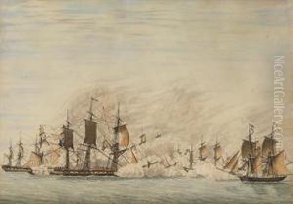 An Anglo-french Naval Engagement Oil Painting by Joseph Roux