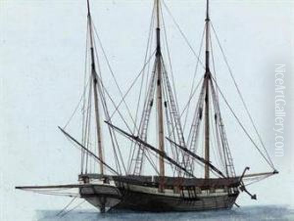 A Mediterranean Trading Vessel Lying At Anchor Oil Painting by Joseph Roux