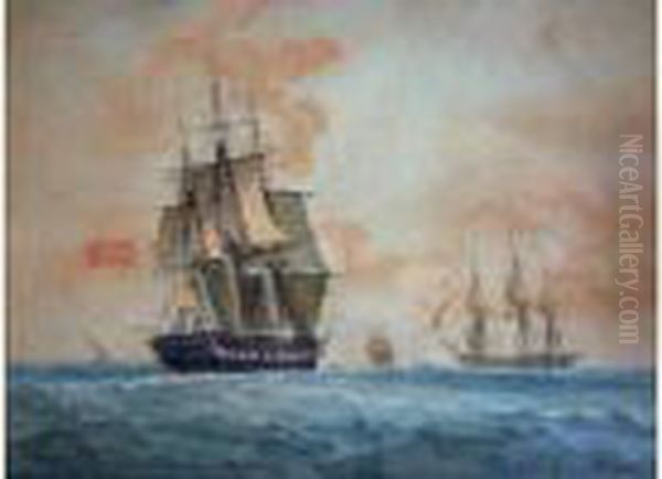 < Fregate Anglaise Vue Par Le 
Trois-quart Arriere Tribord, Naviguant Tribord Armures Sous Voilure 
Reduite Et Se Preparant A Croiser Un Navire Venant Au Vent Par Tribord, 
Naviguant Vent Arriere >. Oil Painting by Joseph Roux