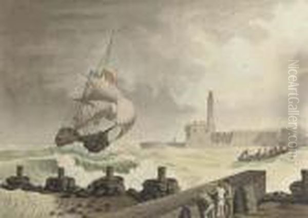 A French Brig Riding The Swell 
At The Entrance To The Port Ofcette, Observed From La Pointe Richelieu Oil Painting by Joseph Roux