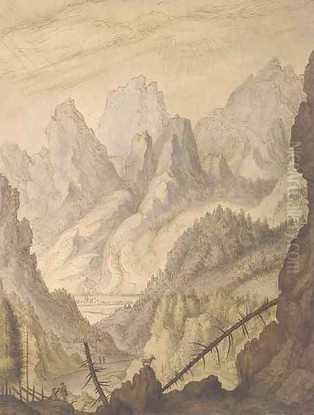 A mountainous landscape with a goat on a rocky outcrop Oil Painting by Lambert Doomer