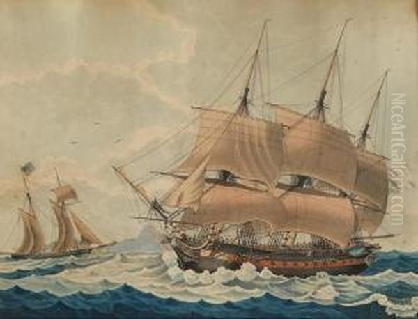 A French Man O' War In Company With A U.s. Brig Off Cape Horn Oil Painting by Antoine Ii Roux