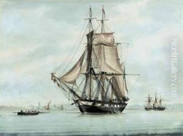 A French Barque Lying In The Roadstead Off Marseilles Oil Painting by Antoine Ii Roux