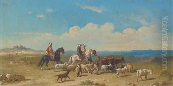 Arabs on horseback moving the herd Oil Painting by William Raymond Dommersen