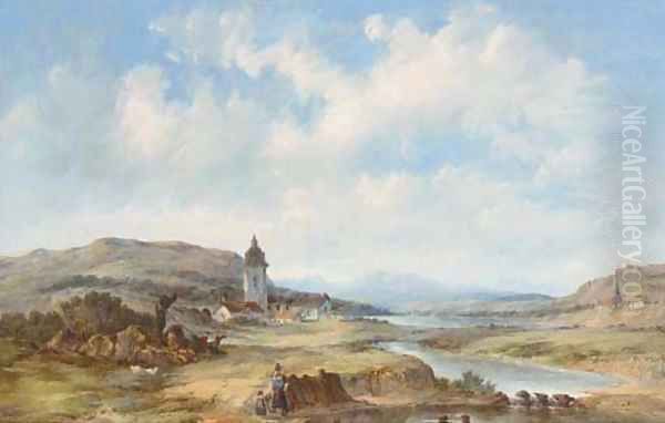 Figures gathering water before a Tyrolean hamlet Oil Painting by William Raymond Dommersen