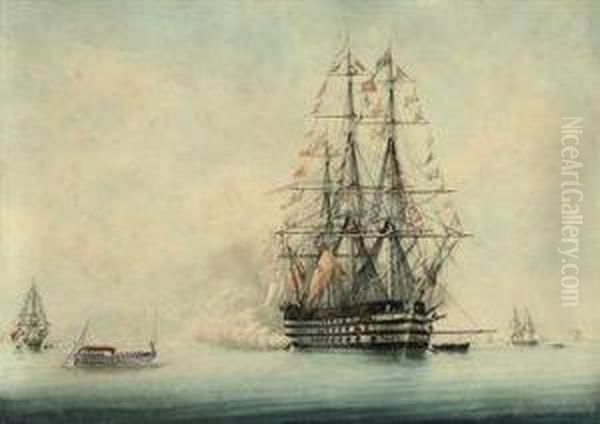 A French First-rate Lying At Anchor In The Roadstead At Toulon Oil Painting by Francois Geoffroy Roux