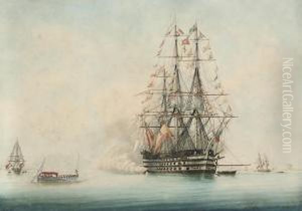 A French First Rate Lying At 
Anchor In The Roadstead At Toulon,dressed Overall For An Important 
Visitor Approaching In Abarge Oil Painting by Francois Geoffroy Roux