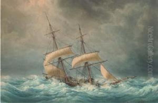 The Francois-georges Reefed Down In Heavy Seas Oil Painting by Francois Geoffroy Roux