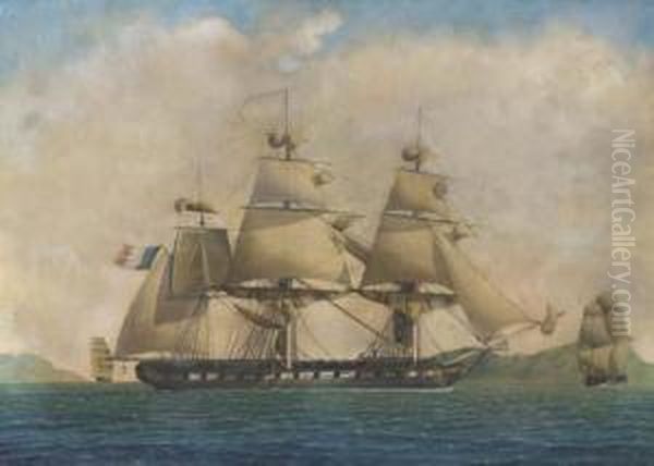 A Fourty-four Gun French Frigate
 Observed From Her Starboard Side,under Reduced Sail In The 
Mediterranean Oil Painting by Francois Geoffroy Roux