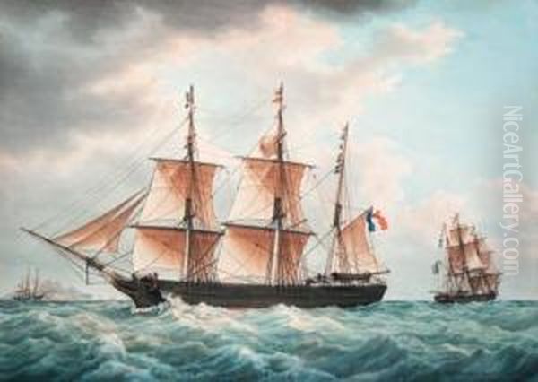 The French Barque Ganges In Two Positions In Themediterranean Oil Painting by Francois Geoffroy Roux